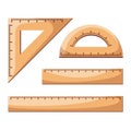 Set of wooden rulers. Triangular ruler, protractor. Back to school.