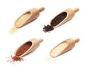 Set of wooden scoops with different uncooked rices