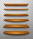 Set of wooden shelves on a transparent background.