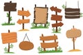 Set of wooden signs of various forms, tablets indicating index arrowhead way cartoon vector Illustrations isolated