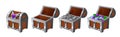 Set of wooden silver chests with coins and diamonds for the game UI.