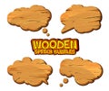 Set of wooden speech bubbles and dialog balloons in comic book style. Cartoon wood banners with place for text can be used for