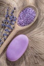 Set wooden spoon crystal sea salt scented lavender bar of soap on wood board healthcare concept Royalty Free Stock Photo