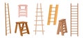 Set Wooden Step Ladders, Home Interior Constructions, Stairway Ladders for Renovation Works Isolated on White Background