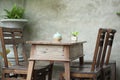 Set of wooden table and chair decorated in garden Royalty Free Stock Photo