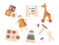 Set of Wooden Toys Cube Blocks, Doll, Soroban and Wheeled Giraffe, Sorter, Pyramid and Carpentry Instruments