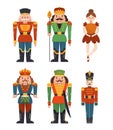 Set of Wooden Toys Nutcracker, Ballerina, Soldiers in Military Uniform, Nut Crackers with Big Toothy Mouth. Vintage Toys Royalty Free Stock Photo