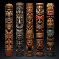 Set of wooden tribal tiki idol on black background Royalty Free Stock Photo