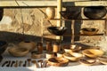 Set of wooden utensils on the table. Plates and cutlery. Wooden items