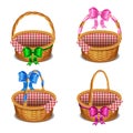 Set of wooden wicker baskets with bows, isolated on a white Royalty Free Stock Photo