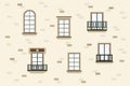 Set of wooden window frames. The architecture of the house, the appearance of the city, the wall of the house. Detailed