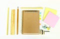 Set of wooden writing tools, pencil, pen, ruler, eraser, sharpener