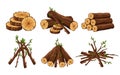 Set of woodpile, brushwood, firewood hut, stacks wooden logs and branches isolated on white background. Timber pile for