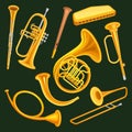 Set of woodwind and brass musical instruments. Clarinet, trumpet, harmonica, wooden pipe sopilka , french horn, hunting