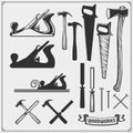 Set of woodworking and carpentry wood work tools. Carpentry Shop design.