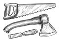 Hacksaw, axe, wood cutter. Set of woodworking and carpentry work tools. Sketch illustration