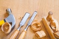 Set of woodworking tools chisel hammer plane on wooden board Royalty Free Stock Photo