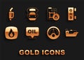 Set Word oil, Gas filling station, Oil tanker ship, Motor gas gauge, Fire flame, Canister for motor, Gasoline pump