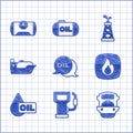 Set Word oil, Petrol gas station, Oil tanker ship, Fire flame, drop, rig and Gas for vehicle icon. Vector