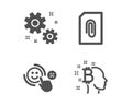 Work, Customer satisfaction and Attachment icons. Bitcoin think sign. Settings, Happy smile, Attach document. Vector