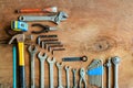 Set of work tools on old grunge wood background Royalty Free Stock Photo