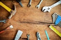 Set of work tools on old grunge wooden background Royalty Free Stock Photo