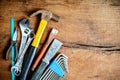 Set of work tools on old grunge wooden background Royalty Free Stock Photo