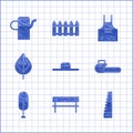 Set Worker hat, Bench, Garden saw, Chainsaw, Tree, Leaf, Kitchen apron and Watering can icon. Vector