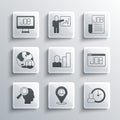 Set Worker location, time, Search job, Productive human, Magnifying glass for search, Globe and people, and icon. Vector