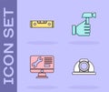 Set Worker safety helmet, Construction bubble level, Computer monitor service and Hammer icon. Vector Royalty Free Stock Photo