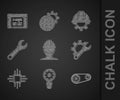Set Worker safety helmet, Light bulb and gear, Timing belt kit, Wrench spanner, Processor with microcircuits CPU, and Royalty Free Stock Photo