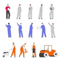 Set of Workers Characters on Road Repair and Construction Works. Roller Machine Rolling Ground, Builders Remove Soil