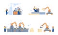 Workers work on in smart factory or warehouse flat vector illustration isolated.