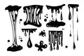 A set for working with blobs. Doodle style drawn elements. Black splashes of slime, stretching slime, toxic dripping
