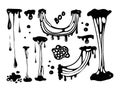 A set for working with blobs. Doodle style drawn elements. Black splashes of slime, stretching slime, toxic dripping