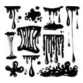 A set for working with blobs. Doodle style drawn elements. Black splashes of slime, stretching slime, toxic dripping