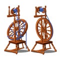 Set of a working and broken antique wooden spinning wheel with yarn and bobbins isolated on a white background. Vector