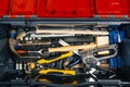 Set of working tools in tool box, top view. DIY theme