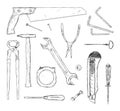 Set of Working Tools. Vector Hand Drawn Black and White Illustration Royalty Free Stock Photo