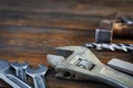 Set of working tools on wooden rustic background Royalty Free Stock Photo