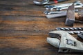 Set of working tools on wooden rustic background Royalty Free Stock Photo