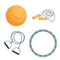 Set workout, training objects fitness ball, expander, skipping rope and hula hoop isolated on white background. Equipment for Royalty Free Stock Photo