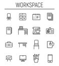 Set of workspace icons in modern thin line style.