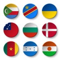 Set of world flags round badges Comoros . Democratic Republic of the Congo . Ukraine . Samoa , Bulgaria . Denmark . Cameroon . H