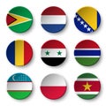 Set of world flags round badges Guyana . Netherlands . Bosnia and Herzegovina . Romania . Syria . Gambia . Uzbekistan . Poland .