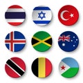Set of world flags round badges Thailand . Israel . Turkey . Iceland . Jamaica , australia , Trinidad and tobago . Belgium . Dji