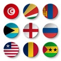 Set of world flags round badges Tunisia . Seychelles . Mongolia . Bahamas . England . Russia . Liberia . Chad . Sao Tome and Pri