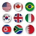 Set of world flags round badges USA . Canada . Brazil . South korea . United kingdom of great britain . Italy . North korea .