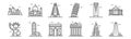 set of 12 world landmarks icons. outline thin line icons such as washington monument, brandenburg gate, taipei, shanghai world