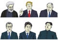 Set of World Leaders. Donald Trump, Hassan Rouhani, Benjamin Netanyahu, Moon Jae-in, Shinzo Abe, Kim Jong-un. Vector Cartoon Caric